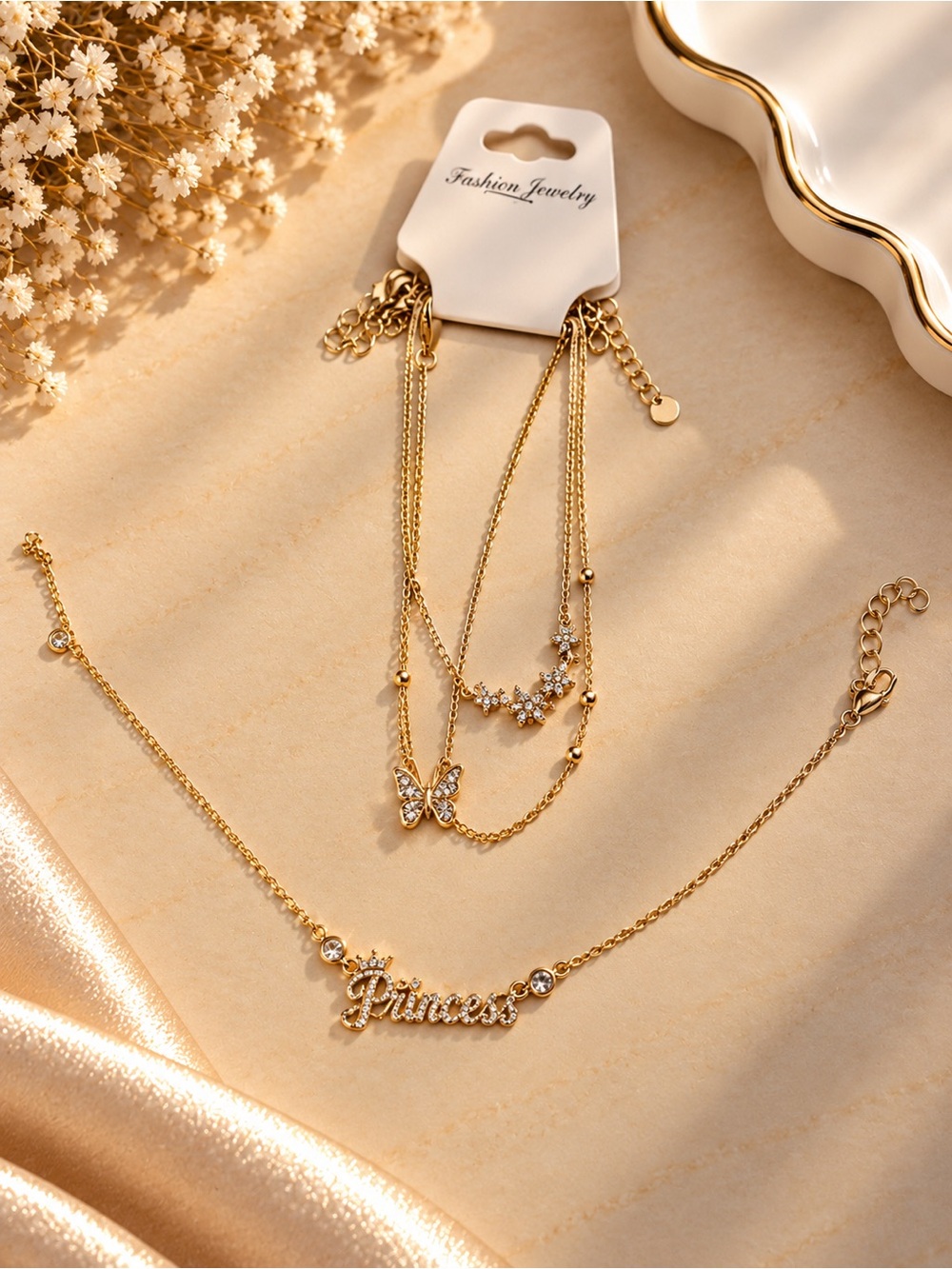 Gold 'Princess' Multi-Layer Bracelet Set with Butterfly and Crystal Accents
